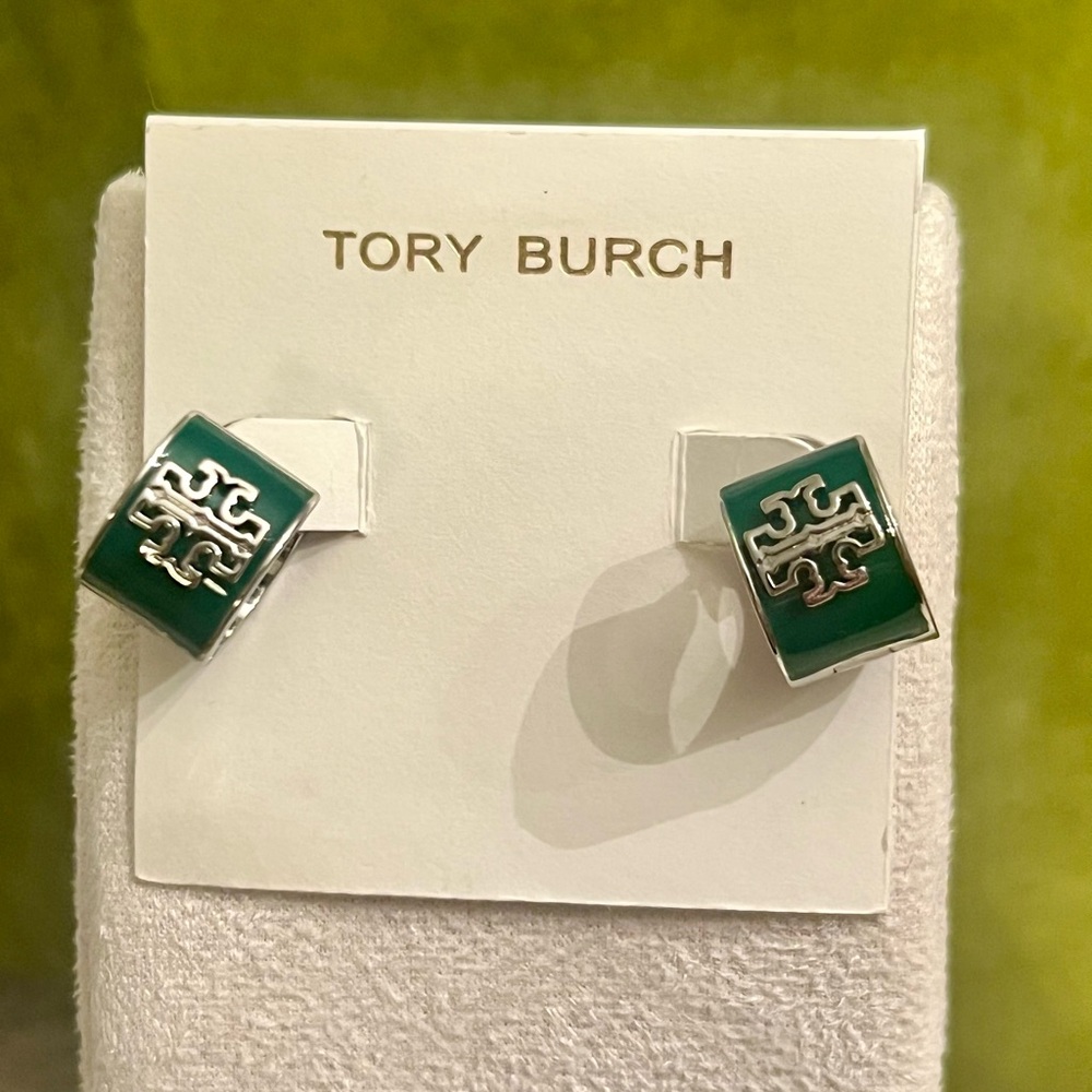 Tory Burch Britten Green enamel huggie Earrings